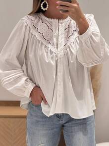 Look Polly 女士春夏法式柔和纹理棉质镂空蕾丝花边荷叶边泡泡袖衬衫白色休闲度假装 - 白色 - 查看 3
