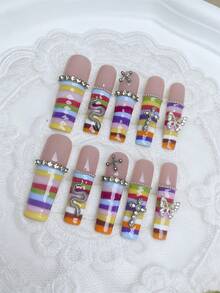 10pcs Luxury Extra Long 7-Color Rainbow 3D Rhinestone Butterfly Glamorous Press-On Nails, Suitable For Girls, Holidays, Weddings, Parties - Nhiều màu - Xem 4