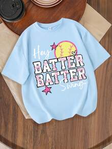 Plus Size Girls "Hey Batter Batter Swing" Baseball Graphic T-Shirt - Casual Cute Game Day School Tee - Baby Blue - View 2