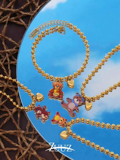 1pc Vintage Stainless Steel Bracelet Drip Oil Little Bear Charm Bead Chain Bracelet For Women Heart Animal Little Bear Pendant Bracelets For Daily Decoration Jewelry Gifts
