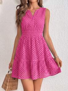 PRETTYGARDEN Women's Summer Dress Sleeveless V Neck Eyelet Cutout Swinging A-Line Flowy City Walks Wedding Guest Graduation Beach Vacation Sun Dress - 玫紅色 - 查看 3