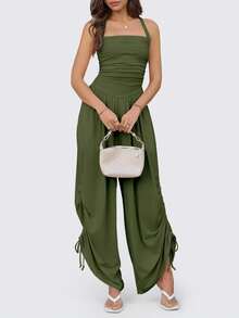 Fisoew Womens Casual Jumpsuits Summer Halter Straps Sleeveless Overalls Ruched Barrel Wide Leg Side-Cinch Long Pant Rompers - 軍綠色 - 查看 5