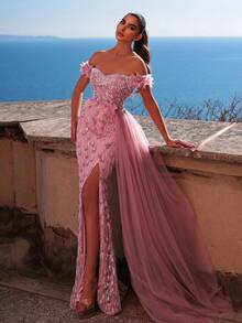 Faeriesty 华丽露肩串珠仿珍珠晚礼服，侧边垂褶设计，高开衩，优雅精致，女士礼服 | 适合晚宴、婚礼宾客、红毯、正式派对、春假晚会等场合 - 藕粉色 - 查看 2