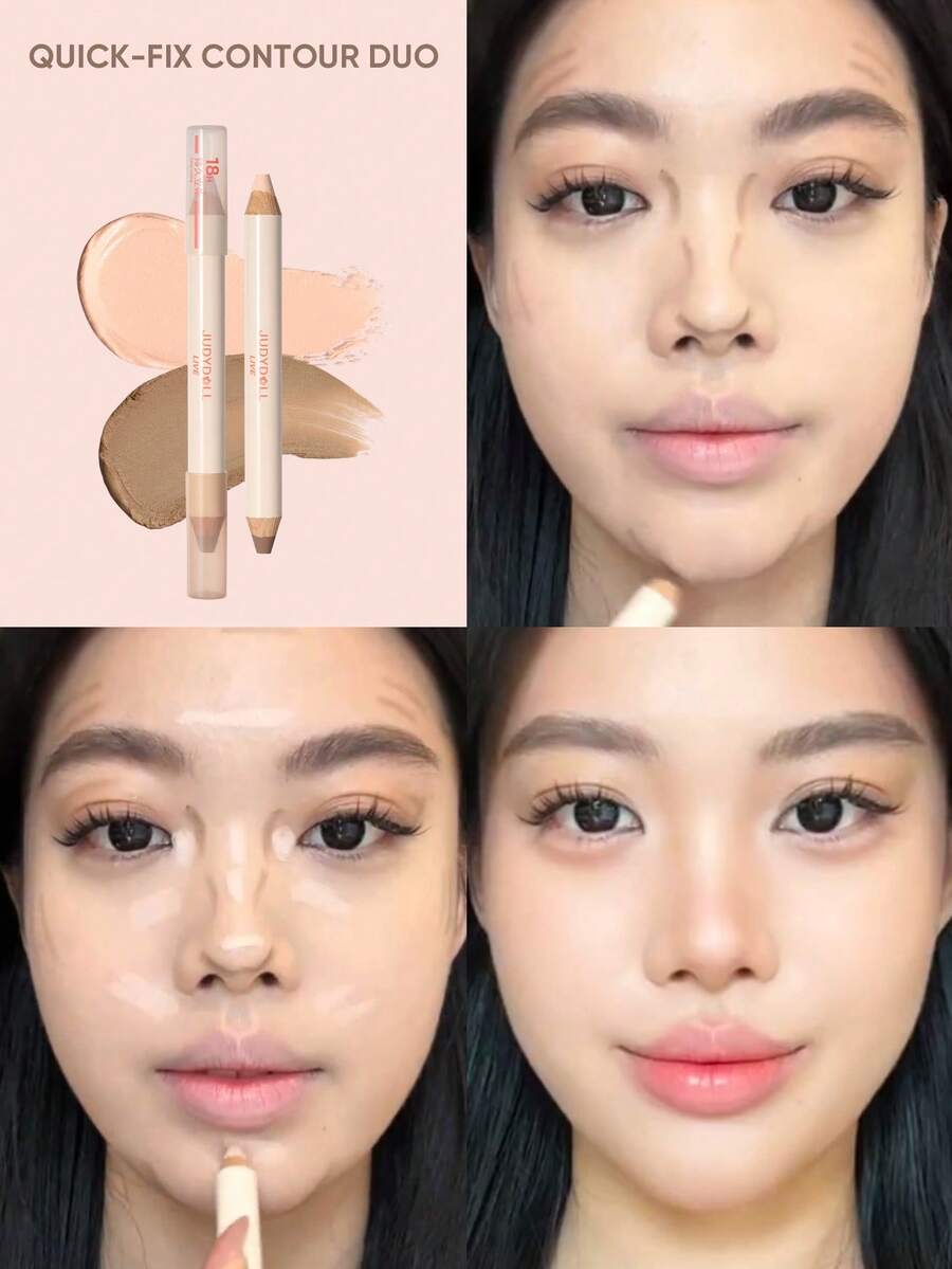 JUDYDOLL Quick-Fix Contour Duo 二合一高光阴影棒，轻松塑形，适合初学者，自然晕染，质地轻盈，持久 18 小时，呈现完美光泽 - 02 Bright White + Nude Grey Brown - 查看 1