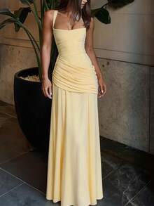 Women's Solid Color Criss-Cross Ruched Bodycon Maxi Dress, Elegant Sexy Party Evening Gown Wedding - Yellow - View 4