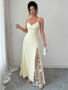 Vestido Longo Lili House Feminino com Decote em V, Alças Finas, Bodycon, Renda, Fenda e Decoração Floral 3D em Amarelo Manteiga, Elegante, Romântico e Sexy para Primavera/Verão, Convidado de Casamento, Brunch, Festa no Jardim, Festa de Coquetel - Luz amarela - Visão 7