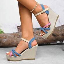 Bicolor Platform Sandals For Women, Woven Criss-Cross Strap Open Toe High Heels, Strap Buckle Design, Versatile For Commuting, Shopping, Travel - Blue - View 3