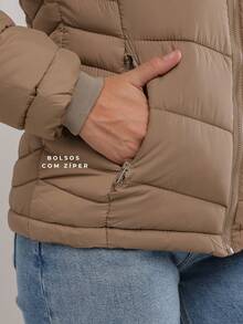 Women's Lined Puffer Jacket, Comfortable, Fur-Fitted, With Removable Hood, Autumn/Winter Style. - Màu Khaki - Xem 5