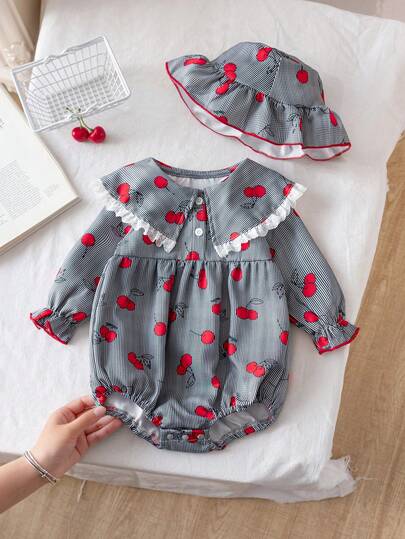 2件套女婴春秋季可爱休闲长袖连体衣和帽子套装，新生女婴服装