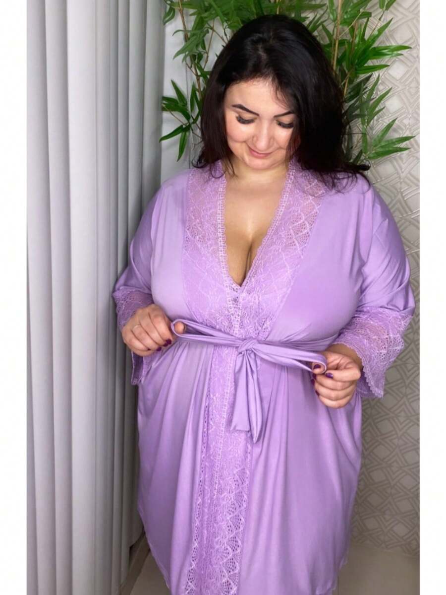Luxury Lace Robe, Plus Size, Bathrobe - LILAC - View 1
