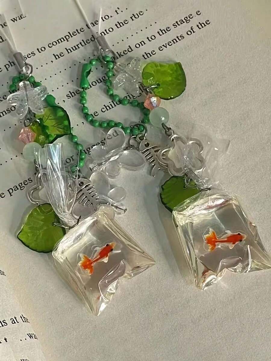手工鱼形手机挂饰 - Y2K 复古风鱼形钥匙扣饰品，可爱手机配件，鱼鳞吊坠搭配环形连接器，兼容智能手机和钥匙，可作包包挂饰，教师节礼物 - 彩色 - 查看 1