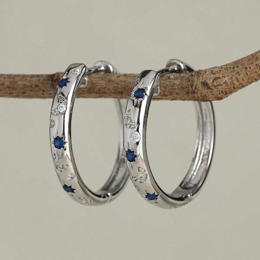 Elegant Fashion Star & Moon Hoop Earrings, Blue Synthetic Zirconia Women's Earrings, Versatile, Ideal Valentine's Day Gift - Silver - View 1
