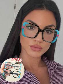 2件組女款方框輕量拼接色聚碳酸酯透明鏡片波希米亞風眼鏡附眼鏡盒 - 彩色 - 查看 12