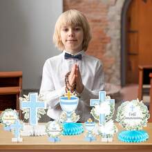 12 pièces Décoration de table en nid d'abeille en papier pour la première communion, centre de table religieux avec croix bleue, convient pour la fête, l'anniversaire, la décoration d'église de mariage et les accessoires photo - Multicolore - Voir 7