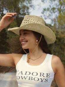 Hand-Woven Panama Cowboy Wide-Brimmed Hat, Bohemian Style Beach Straw Hat, Hat, Casual Windproof Beach Hat - 淺褐色的 - 查看 6