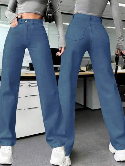 Quần jean nữ màu trắng dáng suông, thanh lịch và thoải mái, có túi, cúc, khóa kéo và chất liệu vải co giãn vừa phải.