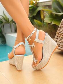 Women's Transparent Rhinestone Butterfly Wedge Sandals, Open Toe Woven Texture High Heel, Summer Party Beach Holiday Shoes - Silver - View 5