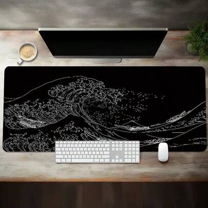 Large Size Mouse Pad With Japanese-Style Black Wave Design, Suitable For Gaming, Study Or Office Use, With Stitched Edges And Rubber Base Office Desk Desk Office Supplies Office Accessories Desk Mat Mousepad Study Table Mouse Pad For Desk Desk Decor