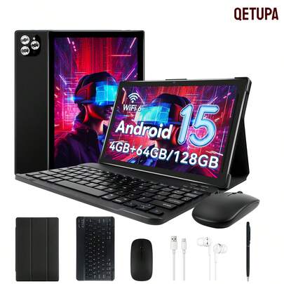 Qetupa Android 15 平板电脑，10.1 英寸屏幕，4GB 内存 + 64GB/128GB 存储空间，MTK 6762 八核 2.0GHz 处理器，500 万像素前置摄像头和 1300 万像素后置摄像头，6000mAh 电池，高清 (1280x800) IPS 触摸屏，不支持 SIM 卡，包含键盘、鼠标、保护套、手写笔、Type-C 数据线和耳机 - 万圣节、生日、圣诞节的最佳礼物（不含适配器）
