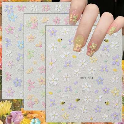 3/6 Tờ Hình Dán Móng Tay Hoa Màu Pastel Hình Hoa Cúc và Ong Dễ Thương Hình Dán Móng Tay Hoa 5D Dập Nổi Trang Trí Móng Tay Mùa Xuân