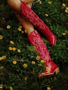 Women's Western Boots Spring Chunky Heel Boots Classic Embroidery Pointed Toe Boots Pull On Western Style Cowgirl Boots Cowboy Boots Outdoor Shoes For Women's Knee High Boots - 紅色 - 查看 2