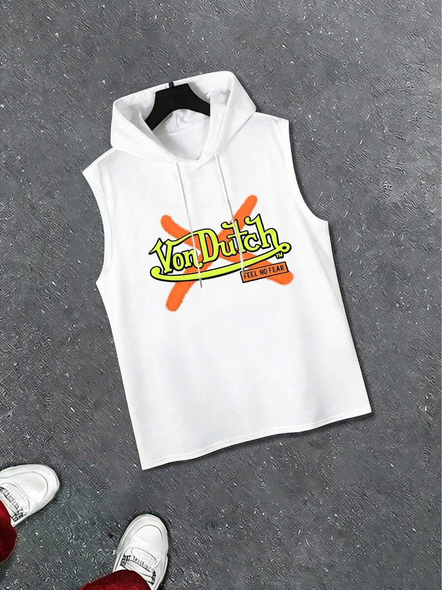 Spring/Summer/Autumn Minimalist Vacation Elastic Printed Sports Casual Hooded Vest - 白色 - 查看 1