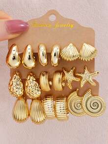 30/24/18/6pcs Fashionable Vintage Exaggerated Beach Style Shell, Starfish, Conch C-Shape Earrings Set, Suitable For Daily, Beach, Party, Gift For Girlfriend/Mom, Random Style (Random Card Color) - Yellow Gold - View 10