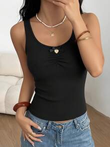 1 pezzo Canotta basic nera con fiocco e pendente a forma di cuore, senza maniche, con imbottitura sul busto, camisole corta in cotone elasticizzato, essenziale per tutte le stagioni - nero - Visualizzare 5