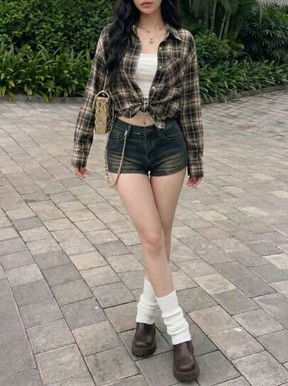 女士格子长袖POLO领休闲宽松衬衫上衣，适合工作、秋冬季穿着