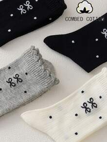 1/3/5 pares de calcetines de media caña con lazo, lunares y encaje, de estilo versátil y suave - Multicolor - Ver 2