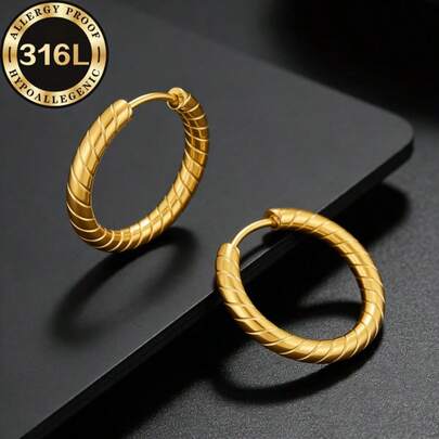 High Quality Stainless Steel Low Allergy Golden Hoop Earrings, 2.5mm Diameter Rotatable Textured Golden Hoops, Anti-Fading, High-Quality Comfortable Versatile Minimalist Elegant Women Earrings, Jewelry Accessories, Ideal Gift For Her
