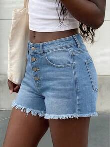 Quần short nữ denim màu sáng, kiểu dáng tối giản, cá tính, đa năng, thích hợp mặc hàng ngày và đi nghỉ mát, gấu quần tua rua, thiết kế 4 nút. - Rửa nhẹ - Xem 3