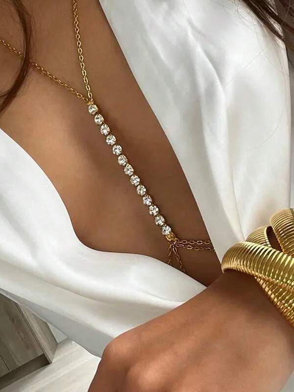 1pc Fashionable Rhinestone Decorated Choker Waist Chain, Elegant Chain Necklace Body Jewelry Accessory