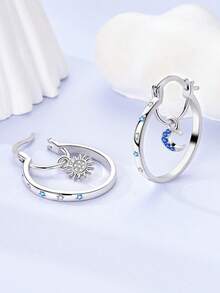 不对称耳环 - 银色，镶嵌闪亮锆石，日月图案 - 銀色 - 查看 2