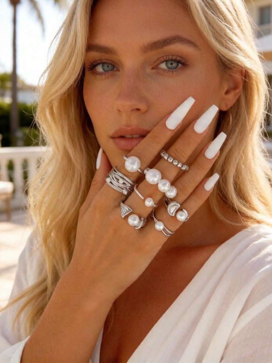 imoli Set de 8 piezas de anillos de aleación de zinc con línea envuelta y perlas de imitación CCB, adecuados como anillos apilables casuales y de moda para regalo diario de mujeres