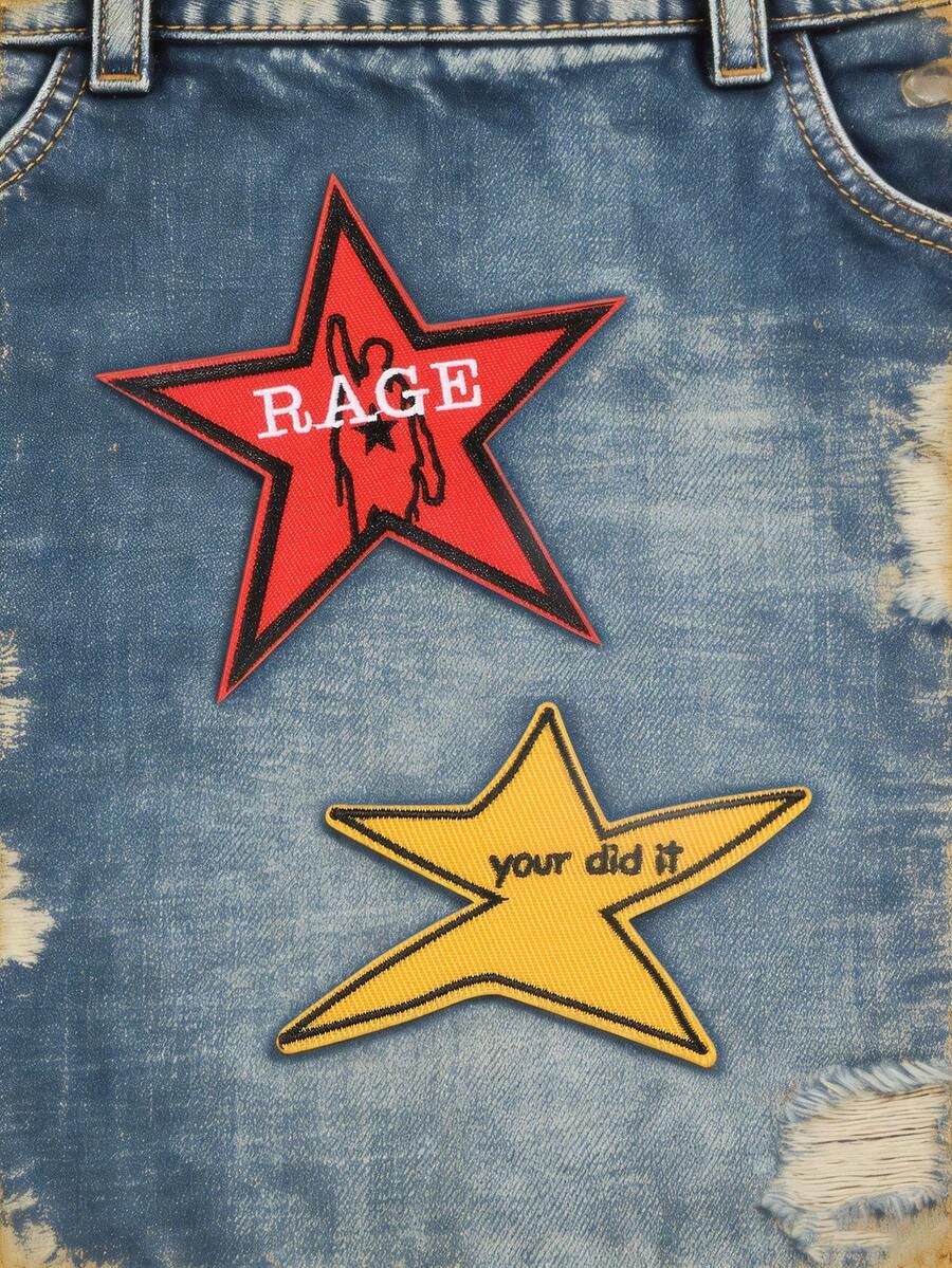 2 片个性星星刺绣布贴，1 套，红黑“RAGE”/黄黑“You Did It”两种款式可选，适用于夹克、卡车帽、包袋等，耐用布料徽章，朋克风格，DIY 服装装饰，幽默励志的星星刺绣布贴 - 五角星 - 查看 1