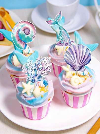Bộ trang trí tiệc sinh nhật chủ đề nàng tiên cá (12/24 món), phụ kiện trang trí bánh cupcake, đuôi nàng tiên cá tái sử dụng, phụ kiện trang trí bánh sinh nhật, đồ dùng làm bánh và phụ kiện trang trí tiệc.