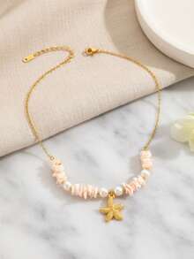 1件时尚金色海星贝壳吊坠项链，奢华海滨风格甜美仿珍珠吊坠首饰 - 彩色 - 查看 5