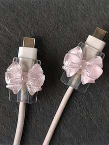 2入粉色蝴蝶結通用 Lightning (5-14) Type-C 充電線保護套 - 耐用防斷裂、時尚手機配件設計 - 附可愛蝴蝶結裝飾塑料線材保護套 - 彩色 - 查看 2