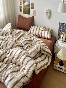 三件套条纹被套（1个被套+2个枕套，不含被芯和枕头），复古风，条纹被套套装，简约褶皱床品 - 咖色 - 查看 6