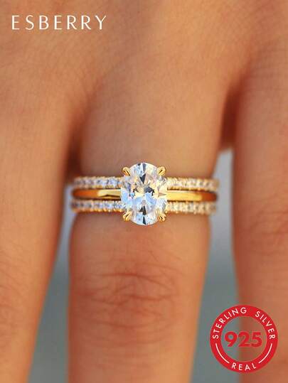 ESBERRY 3pcs 925 Sterling Silver Luxury Oval Cut Cubic Zirconia Decorated Wedding Rings, Women's Valentine's Day/Engagement Jewelry Gift