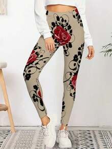 Women's Sexy Rose Print Leggings High Waisted Yoga Pants For Workout Running Casual Wear Floral Design Butter Soft Athletic Tights Valentine's Day Gift Idea Compression Leggings For Women Athleisure Style For Her - 彩色 - 查看 2