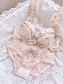 Belle Étoile Embroidered Breathable Sweet Cute Lingerie, Pure Desire Sexy, Small Bust Gathering, Wireless Ruffle Bra Set - Skin Tone Set - View 4