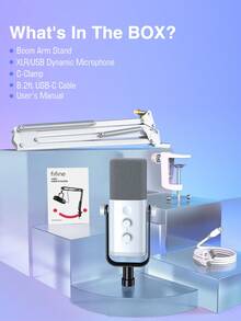 FIFINE AM8T USB/XLR 麦克风套装，带悬臂支架，动圈心形指向电容麦克风，适用于电脑，带可控 RGB 灯光、耳机插孔、静音按钮，适合游戏、直播、录音 - 白色麦克风套装 - 白色 - 查看 10