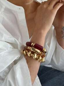 3pcs Vintage Multi-Layer Brown Acrylic Beaded Bracelet, Transformable Gold Chip Bracelet, For Women, Couples, Party, Daily Wear - 三件套 - 查看 2