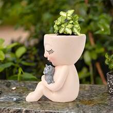 1pc White Sitting Girl Holding Cat Resin Vase, Creative Succulent Planter For Outdoor Garden Decor - Girl Holding a Cat and a Vase - View 8