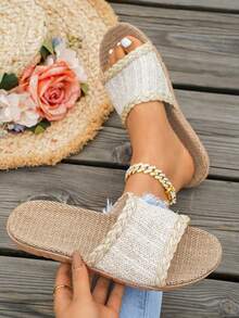 planare Nuevas sandalias planas de verano con suela tejida, estilo casual y de vacaciones para mujer, en color beige y dorado, adecuadas para el uso diario, la playa y otros atuendos de verano - Beis - Ver 2