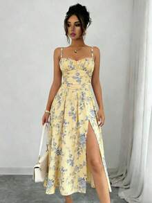 Floral Print Bohemian High Slit Zipper Front Dress, Suitable For Weddings, Spring/Summer Vacation Elegant - Vàng nhạt - Xem 7