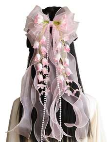 1个女士百合花超大蓬松仿珍珠蝴蝶结发夹，适合日常、假日和节日佩戴 - 淺藍色 - 查看 1