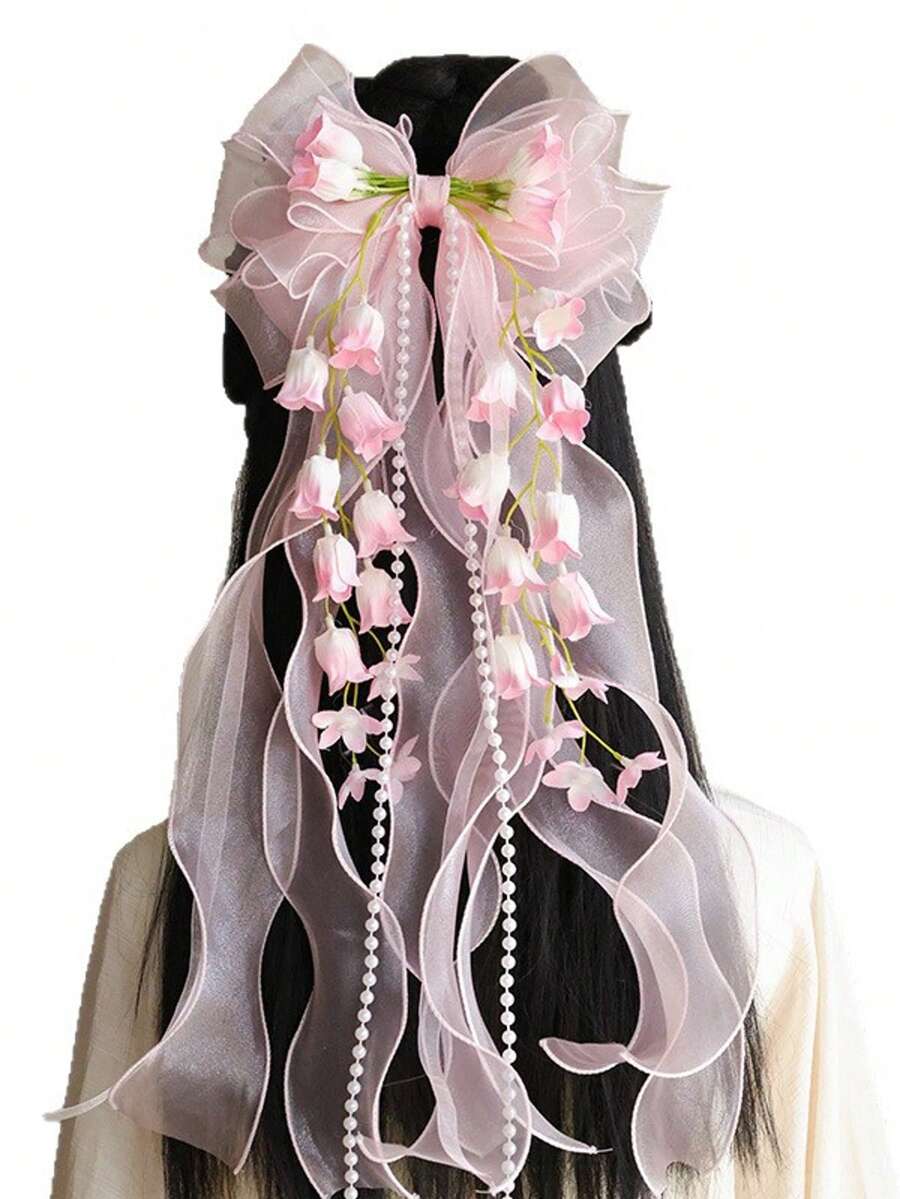 1个女士百合花超大蓬松仿珍珠蝴蝶结发夹，适合日常、假日和节日佩戴 - 淺藍色 - 查看 1